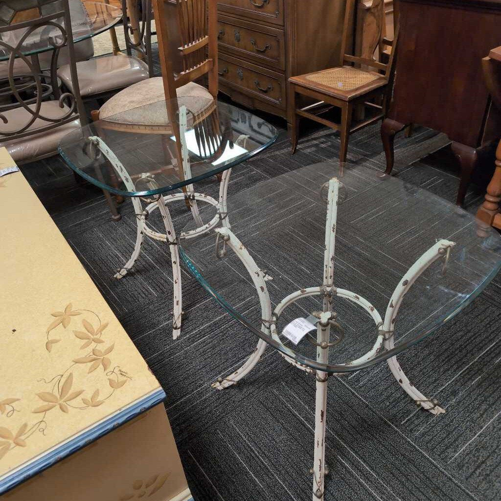 Pair of Wrought Iron Distressed Glass Top End Tables