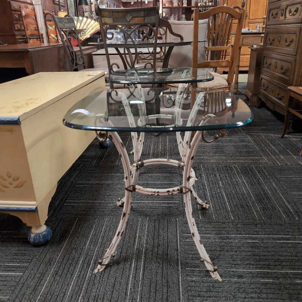 Pair of Wrought Iron Distressed Glass Top End Tables