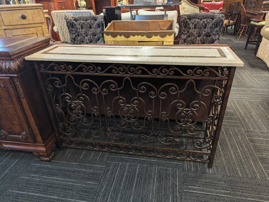 Stone Veneer Console Table With Wrought Iron Base