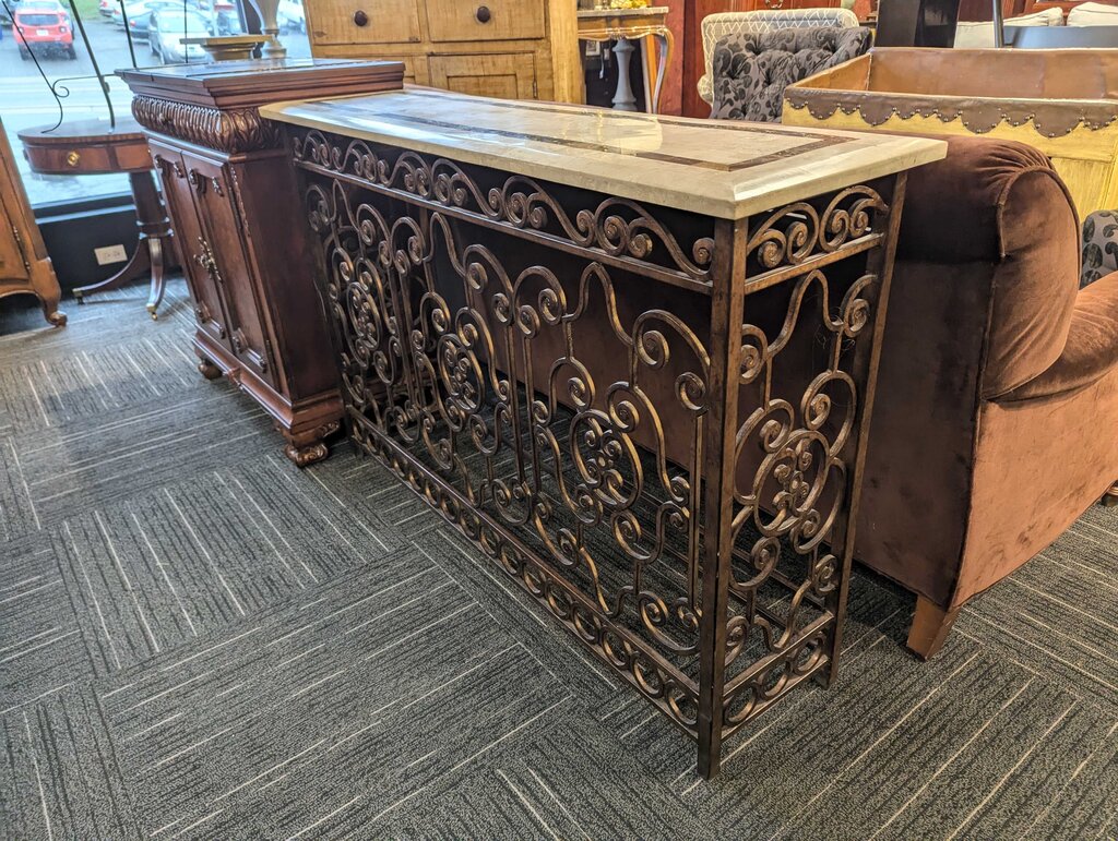 Stone Veneer Console Table With Wrought Iron Base