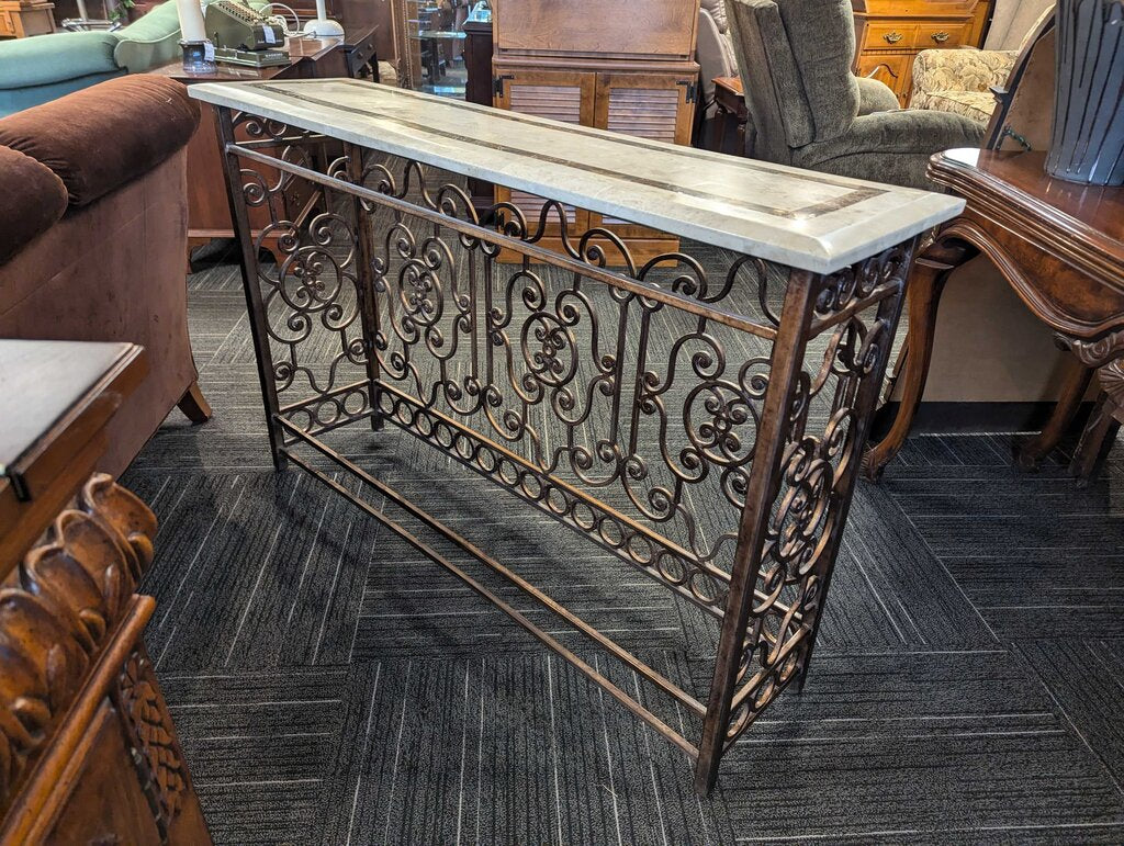 Stone Veneer Console Table With Wrought Iron Base