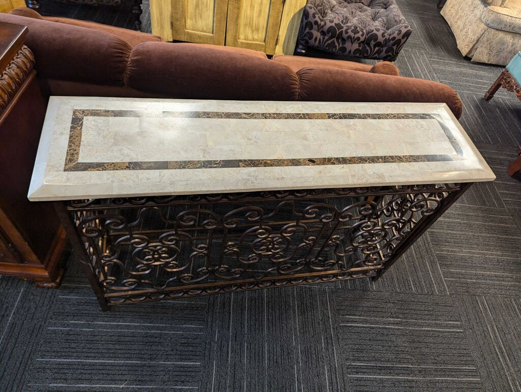 Stone Veneer Console Table With Wrought Iron Base