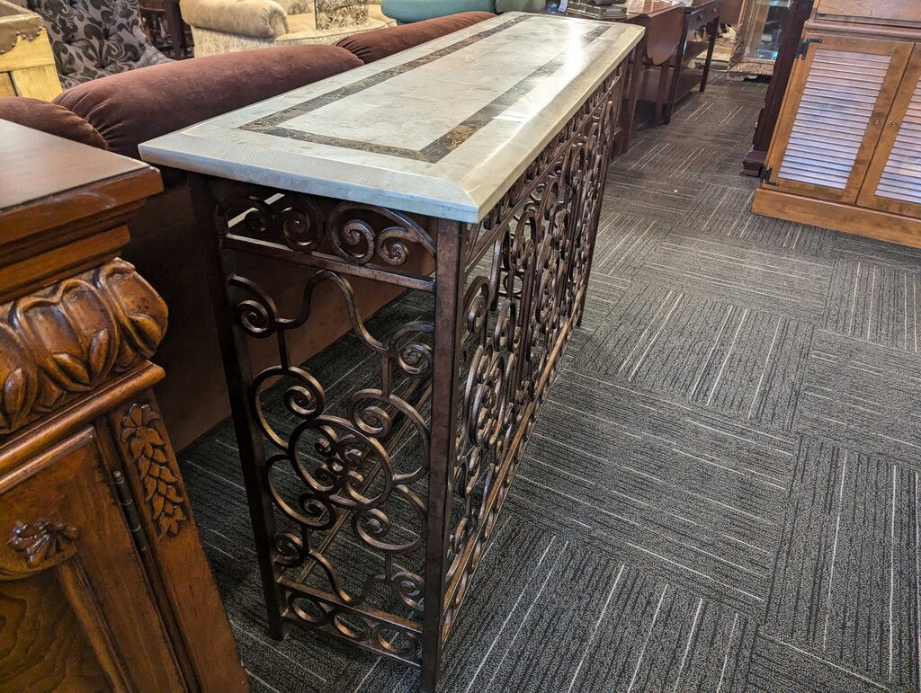 Stone Veneer Console Table With Wrought Iron Base