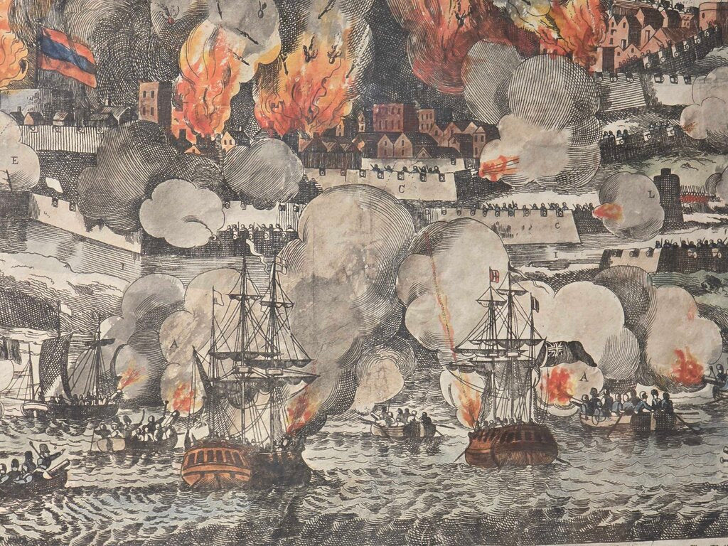 Early 19th Century Lithograph "A View of the Bombardment & Siege of Flushing" Circa 1809