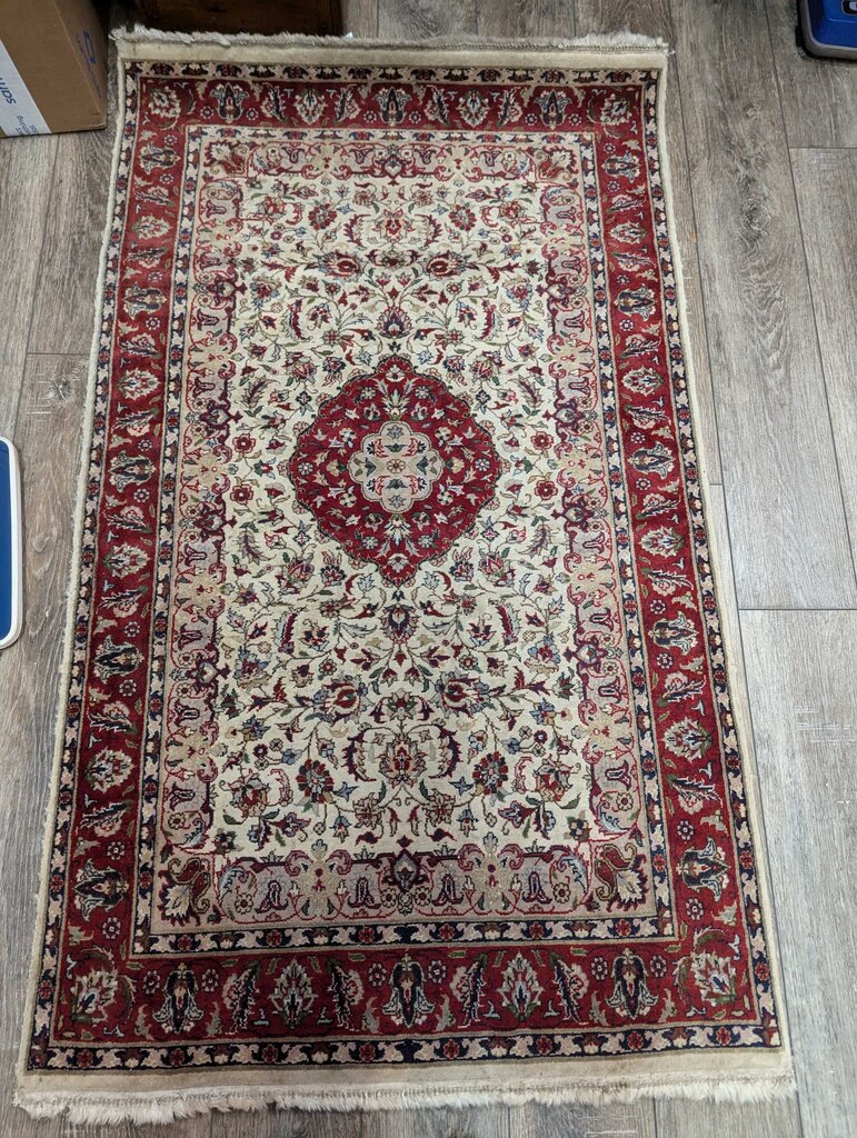 Hand Woven Wool Area Rug 64'' x 38'' Tight Knots, Needs Cleaning