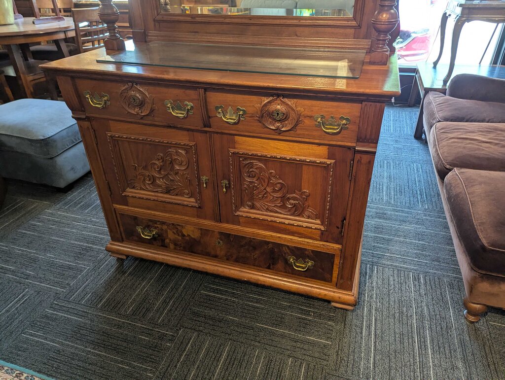 Antique Carved Walnut Sideboard With Mirror