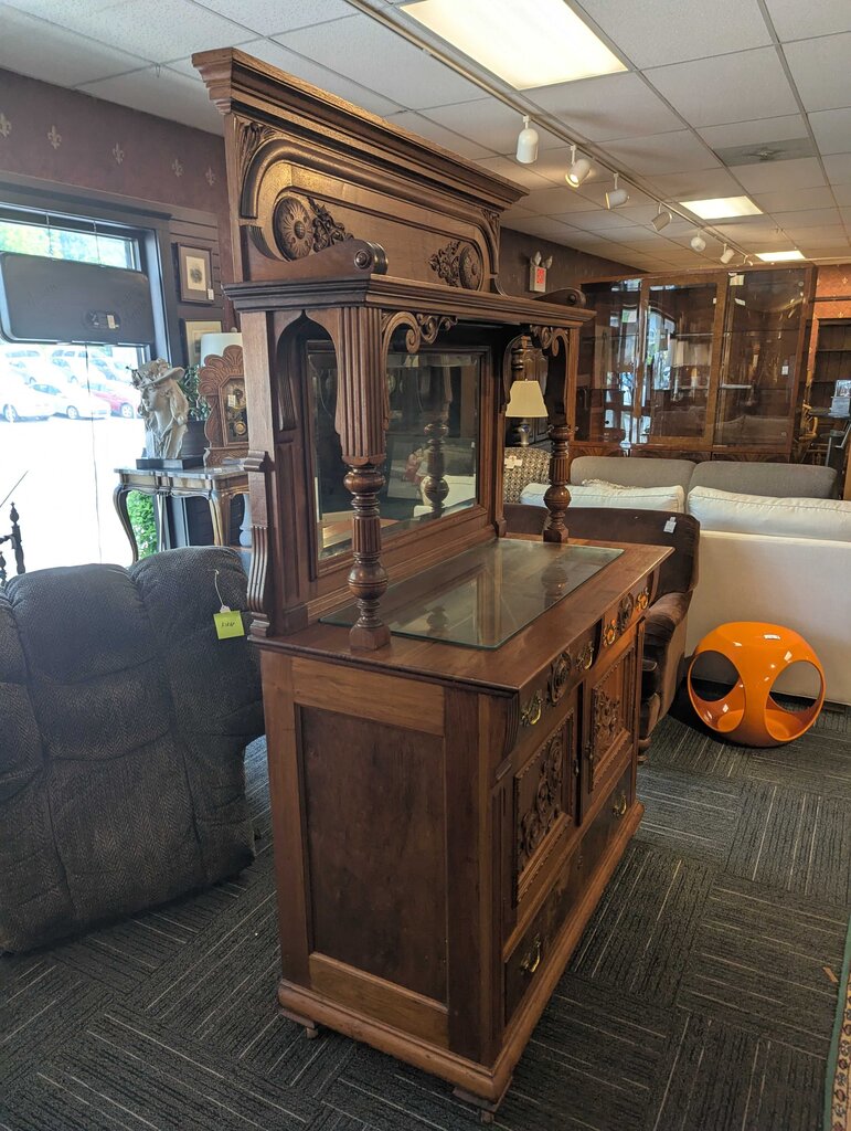 Antique Carved Walnut Sideboard With Mirror