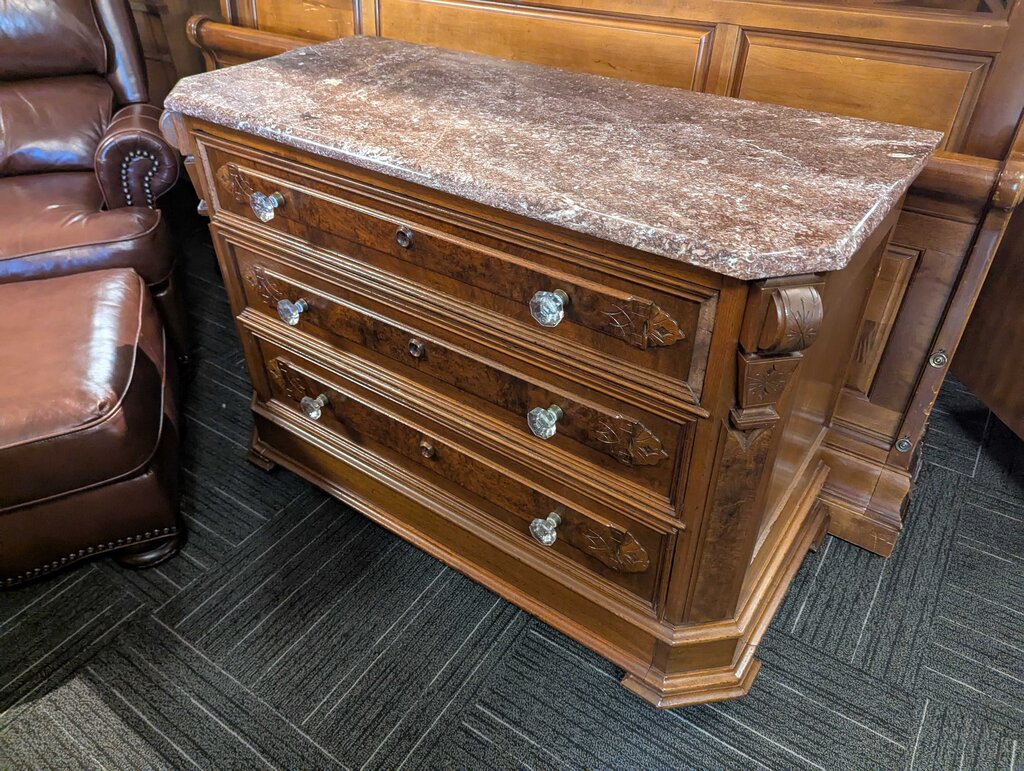 Victorian Marble Top Walnut Three Drawer Dresser