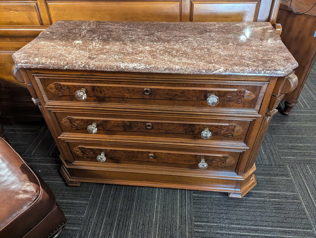 Victorian Marble Top Walnut Three Drawer Dresser