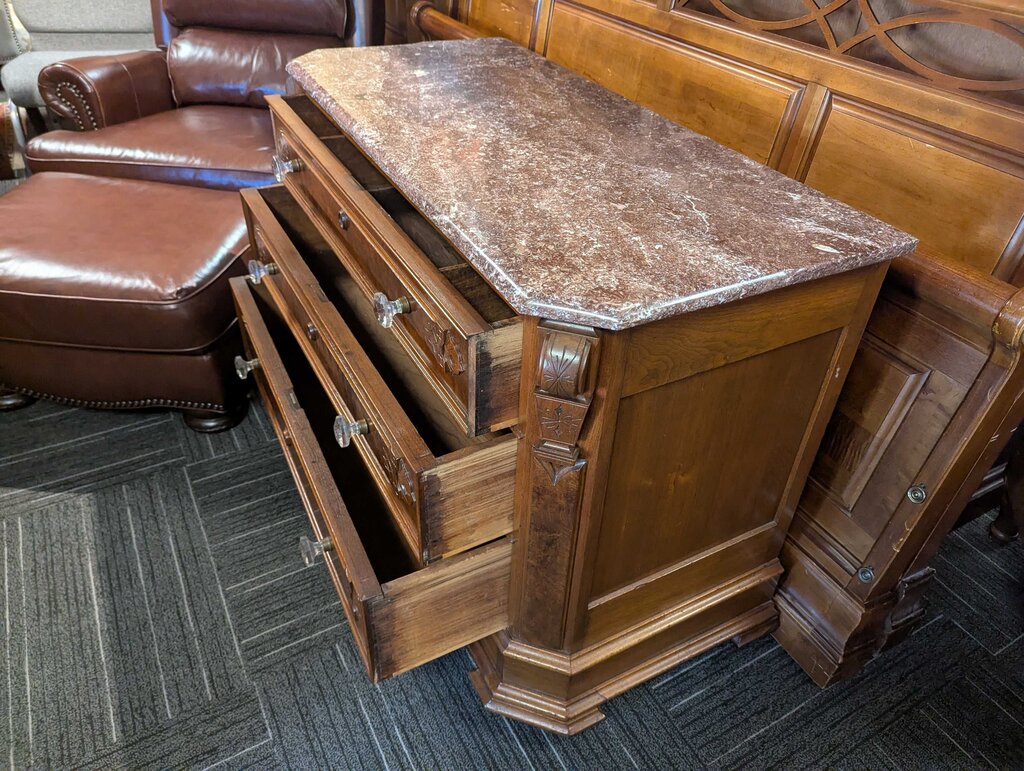 Victorian Marble Top Walnut Three Drawer Dresser