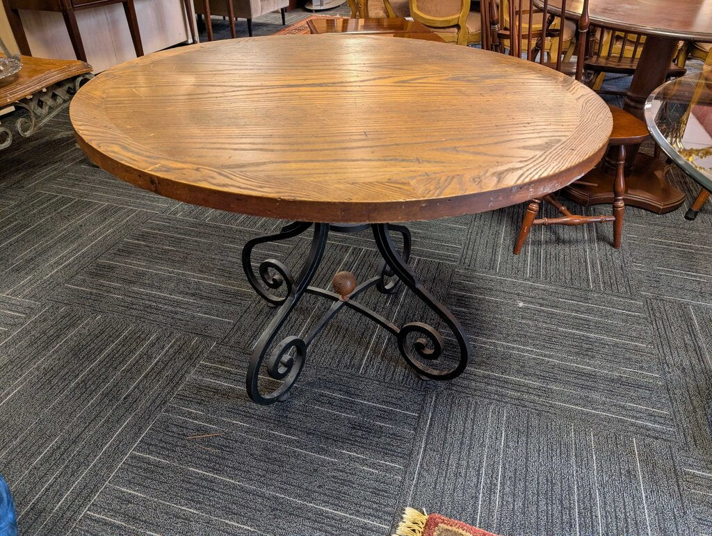 Rustic Oak Top Center Table / Dining Table w/ Wrought Iron Base