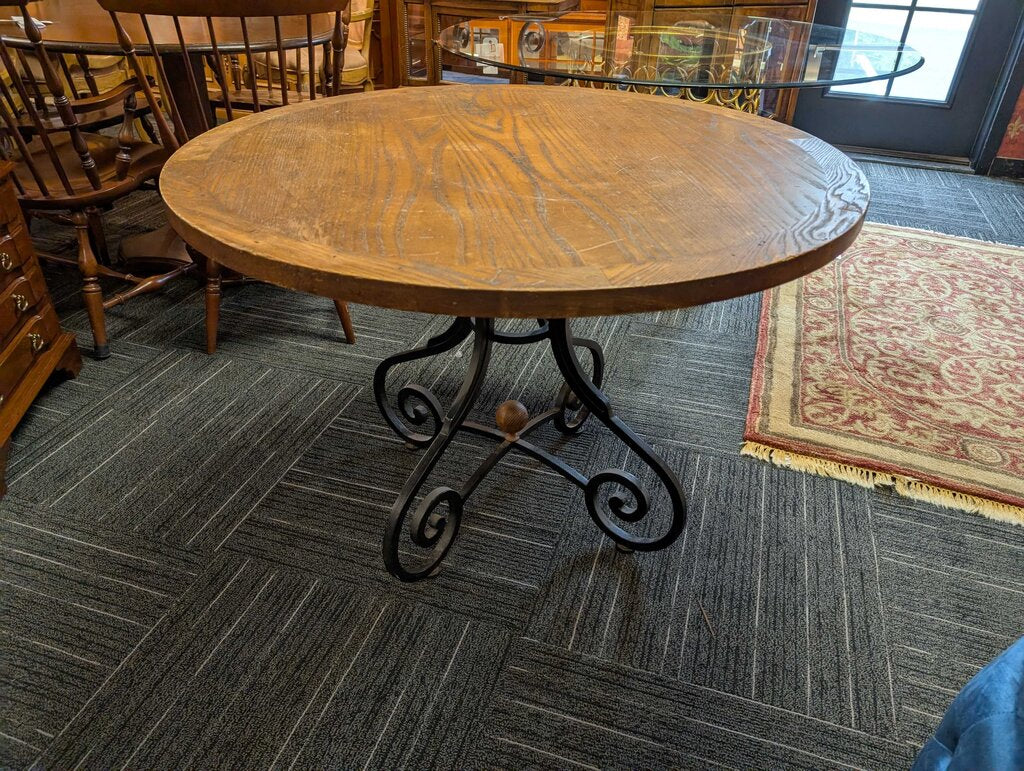 Rustic Oak Top Center Table / Dining Table w/ Wrought Iron Base