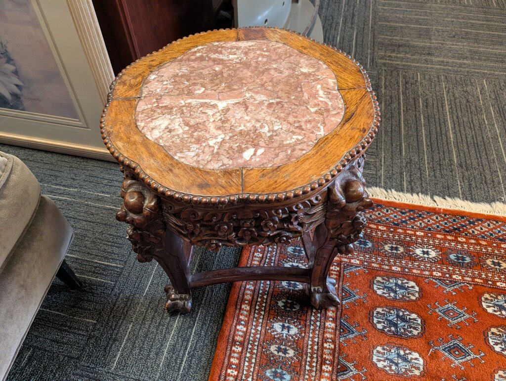 Vintage Carved Asian Marble Top Stand
