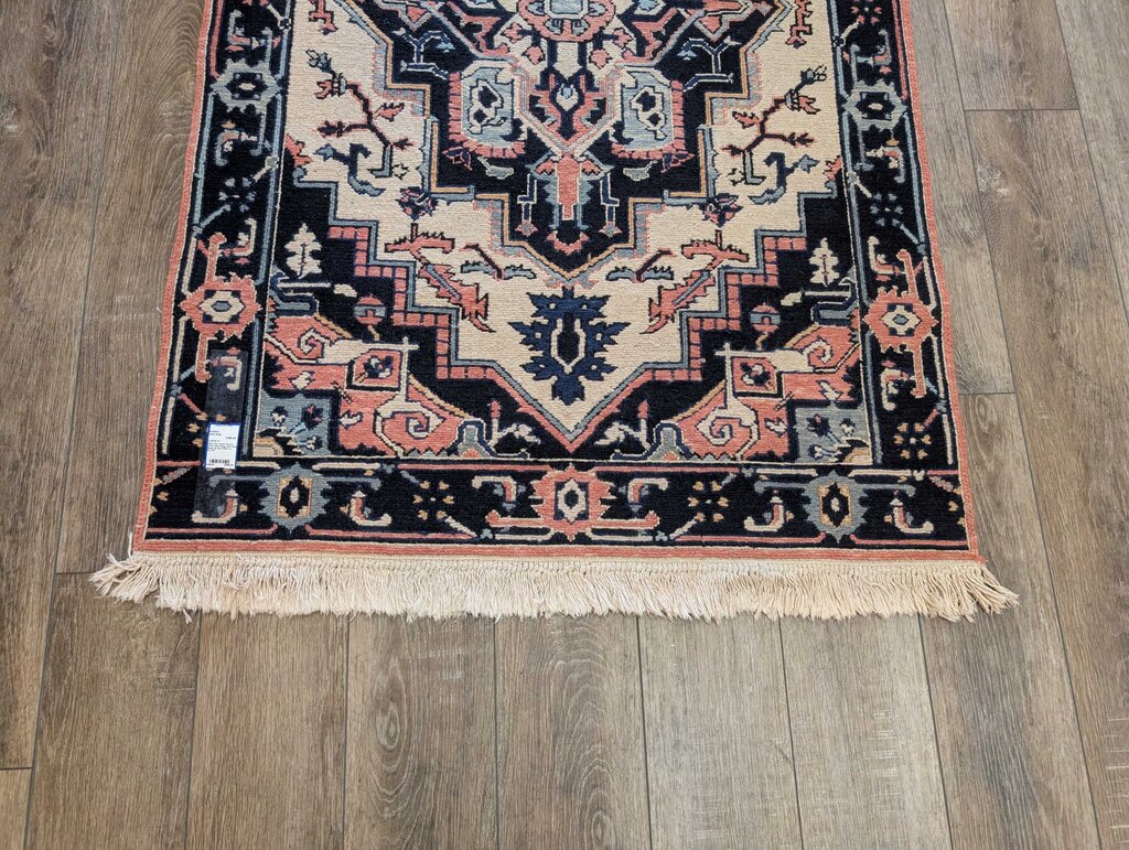 Kilim Flat Hand Woven Wool Heriz Rug with Deep Blues & Soft Pinks 6' by 3'6"