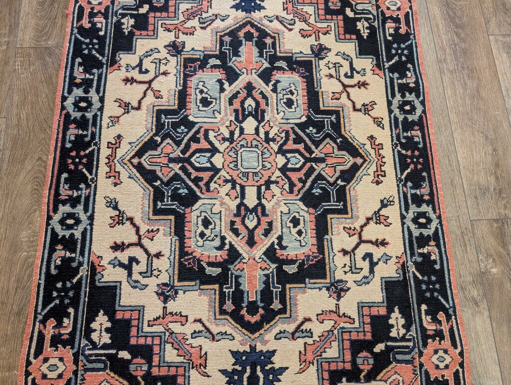 Kilim Flat Hand Woven Wool Heriz Rug with Deep Blues & Soft Pinks 6' by 3'6"