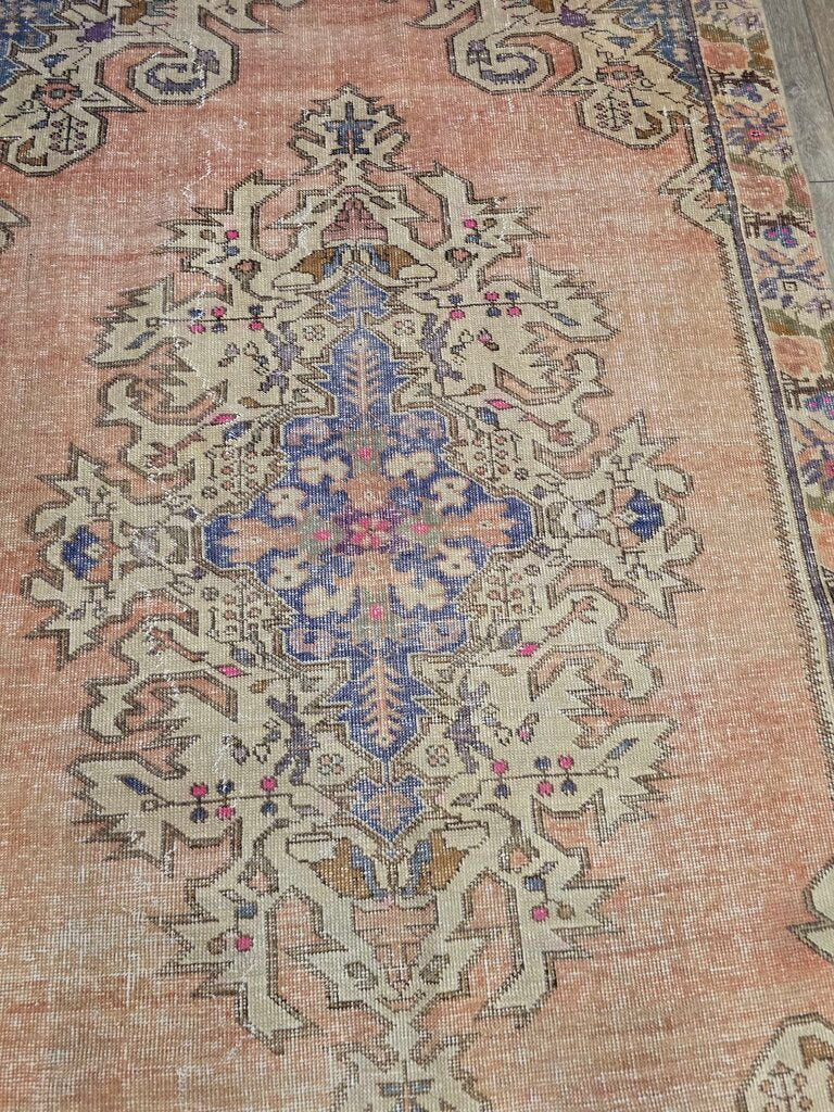 Contemporary Antique Revival Distressed Oushak Turkish Hand Woven Wool Carpet 7'1" by 4'2"