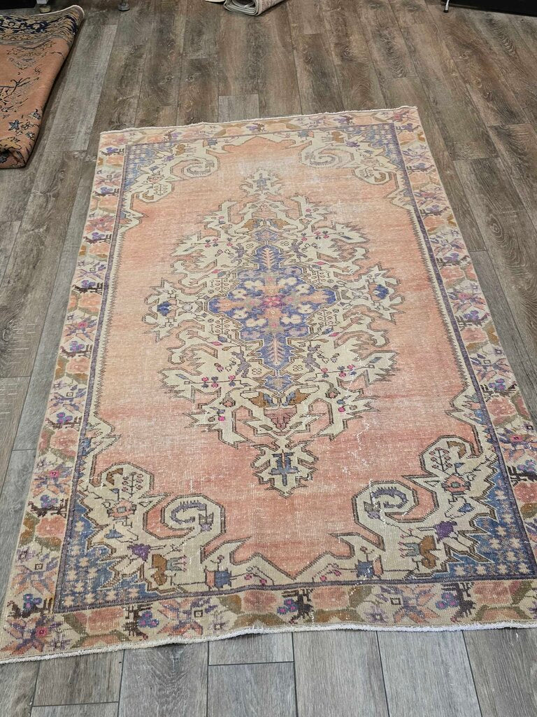 Contemporary Antique Revival Distressed Oushak Turkish Hand Woven Wool Carpet 7'1" by 4'2"