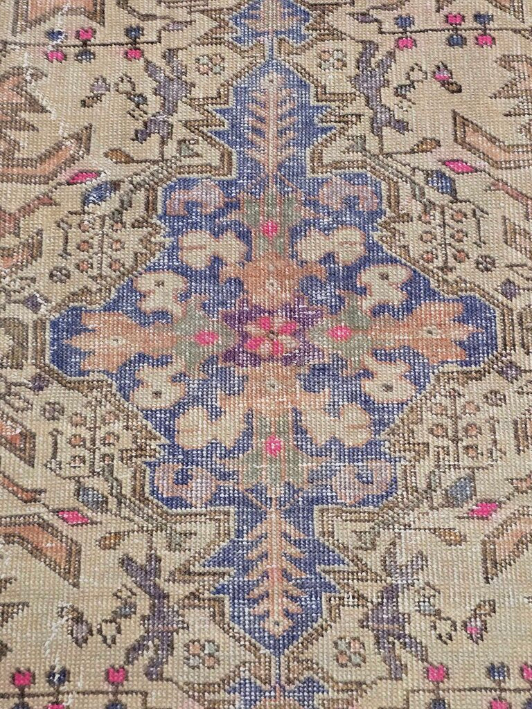 Contemporary Antique Revival Distressed Oushak Turkish Hand Woven Wool Carpet 7'1" by 4'2"