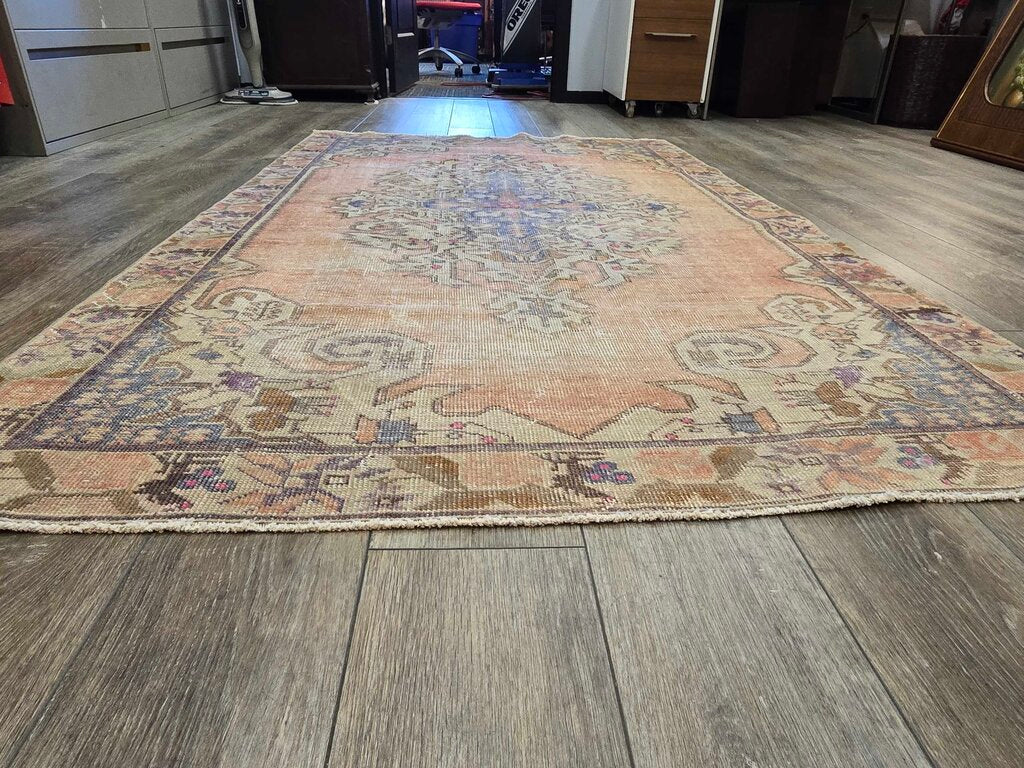 Contemporary Antique Revival Distressed Oushak Turkish Hand Woven Wool Carpet 7'1" by 4'2"
