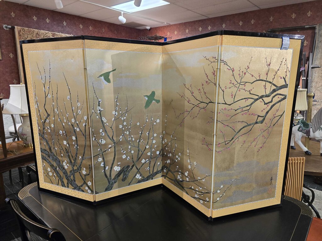 Japanese Folding Screen, Hand Painted on Gold-Leaf Paper, White Plum Blossums w/ Green Birds "Spring Comes"