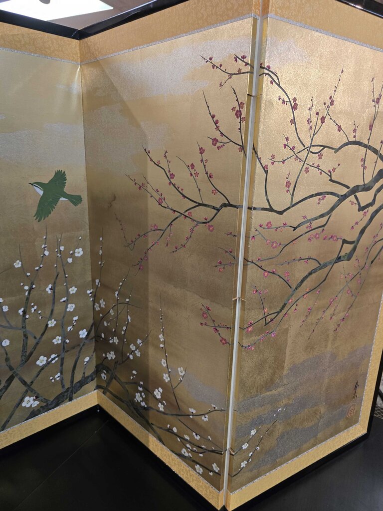 Japanese Folding Screen, Hand Painted on Gold-Leaf Paper, White Plum Blossums w/ Green Birds "Spring Comes"