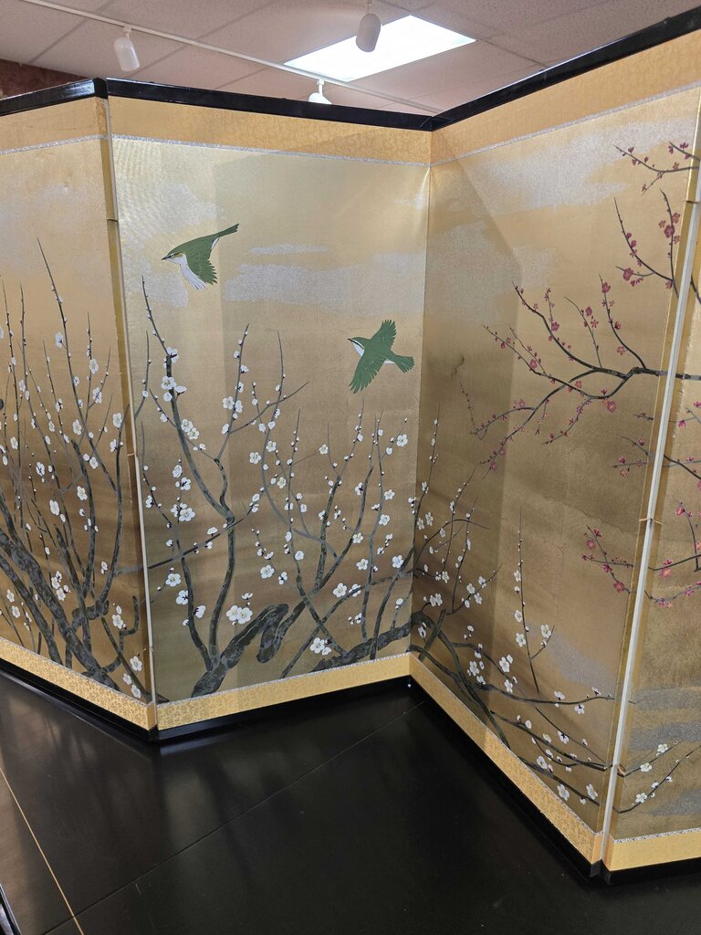 Japanese Folding Screen, Hand Painted on Gold-Leaf Paper, White Plum Blossums w/ Green Birds "Spring Comes"