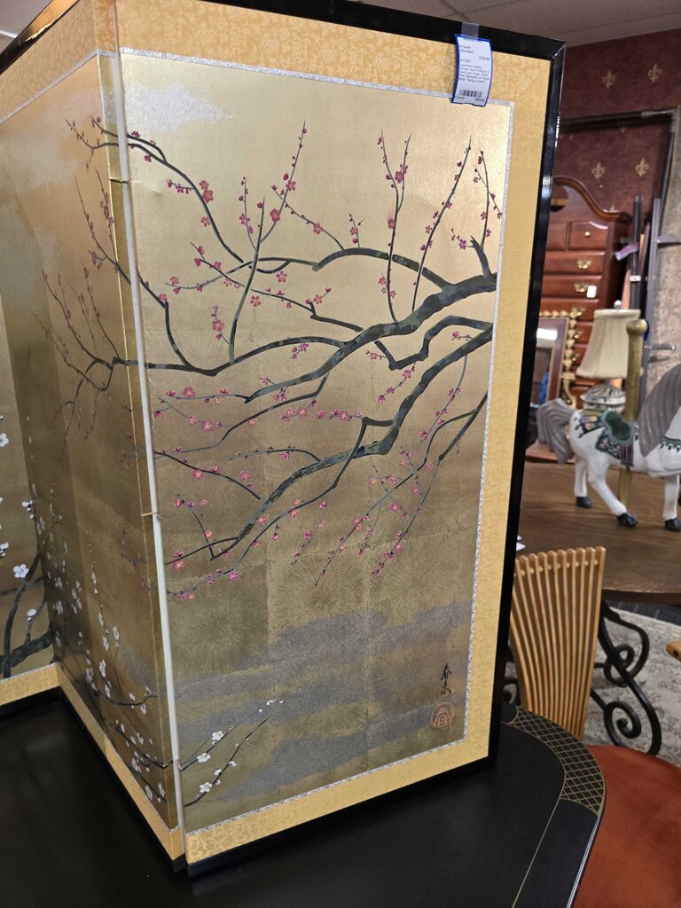 Japanese Folding Screen, Hand Painted on Gold-Leaf Paper, White Plum Blossums w/ Green Birds "Spring Comes"