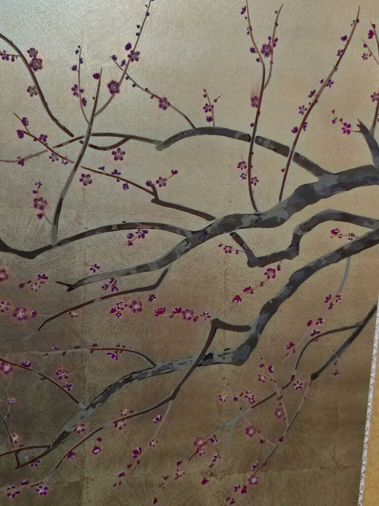 Japanese Folding Screen, Hand Painted on Gold-Leaf Paper, White Plum Blossums w/ Green Birds "Spring Comes"