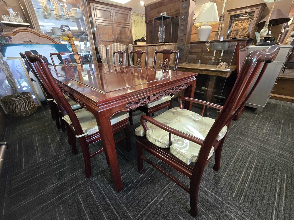 Solid Mahogany Asian Heavily Carved Table, Six Side Chairs, Two Arm Chairs, Two Leaves, and Glass Top for Table