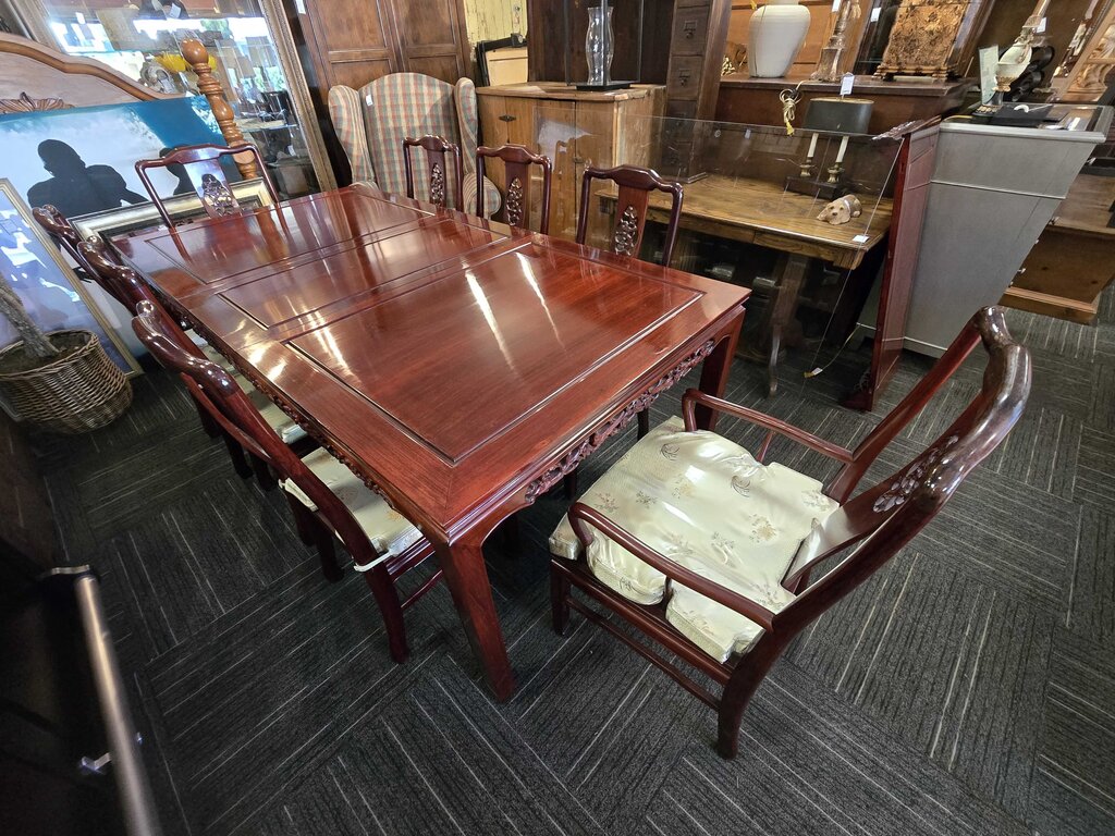 Solid Mahogany Asian Heavily Carved Table, Six Side Chairs, Two Arm Chairs, Two Leaves, and Glass Top for Table
