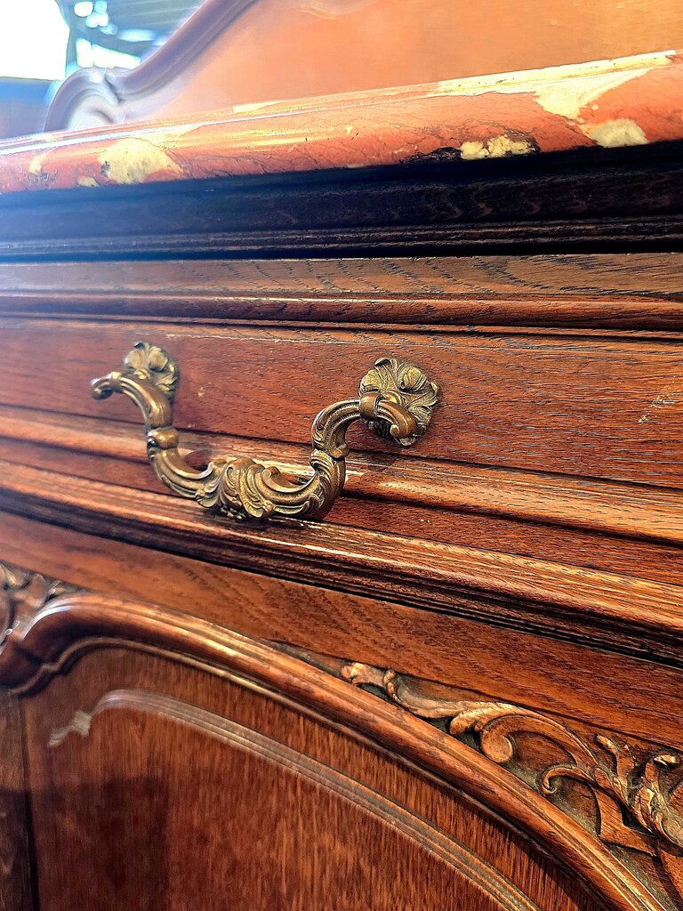 Fabulous Oak Continental French Server w/ Rosso Rouge Royal Marble Top