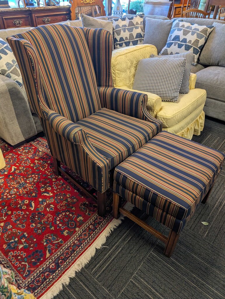 Formal Striped Blue Wingback Chair & Ottoman by Disque