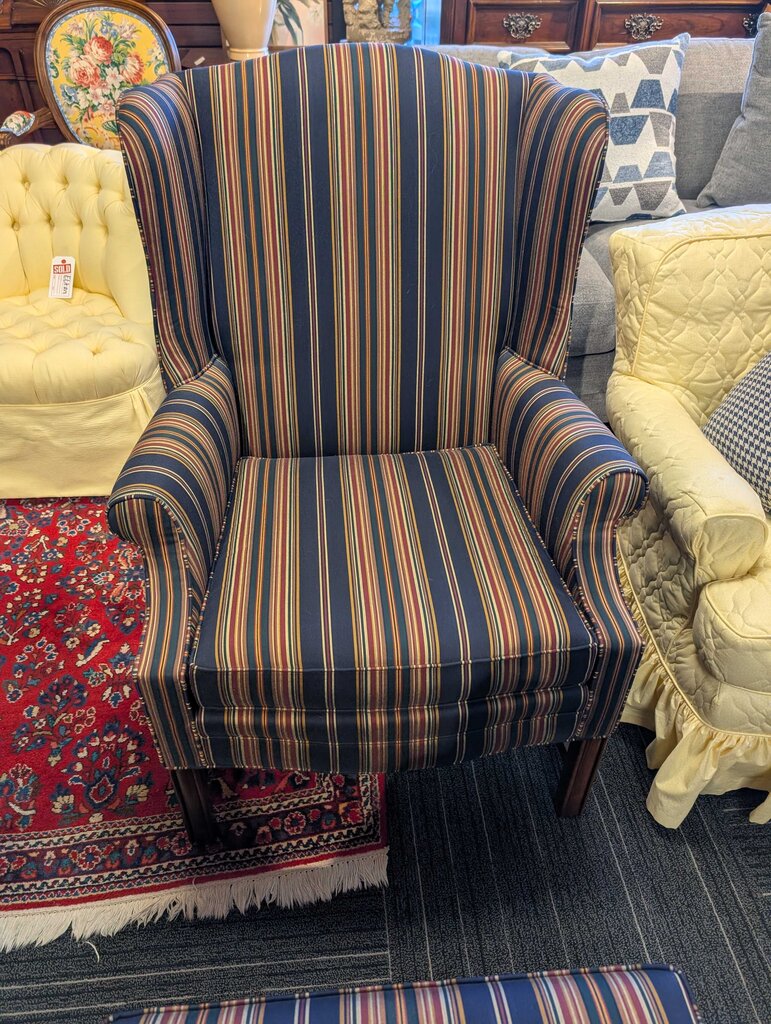 Formal Striped Blue Wingback Chair & Ottoman by Disque