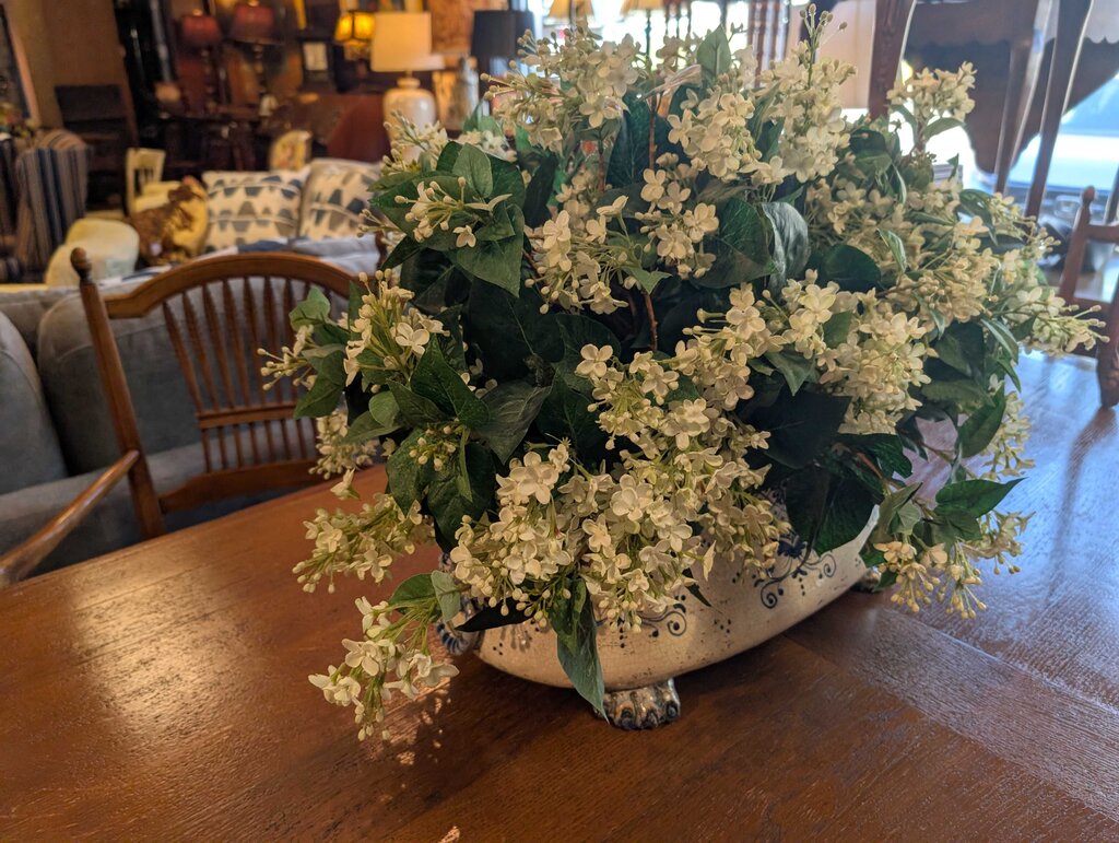 Blue & White Ceramic Cachepot w/ Faux Hydrangea Arrangement