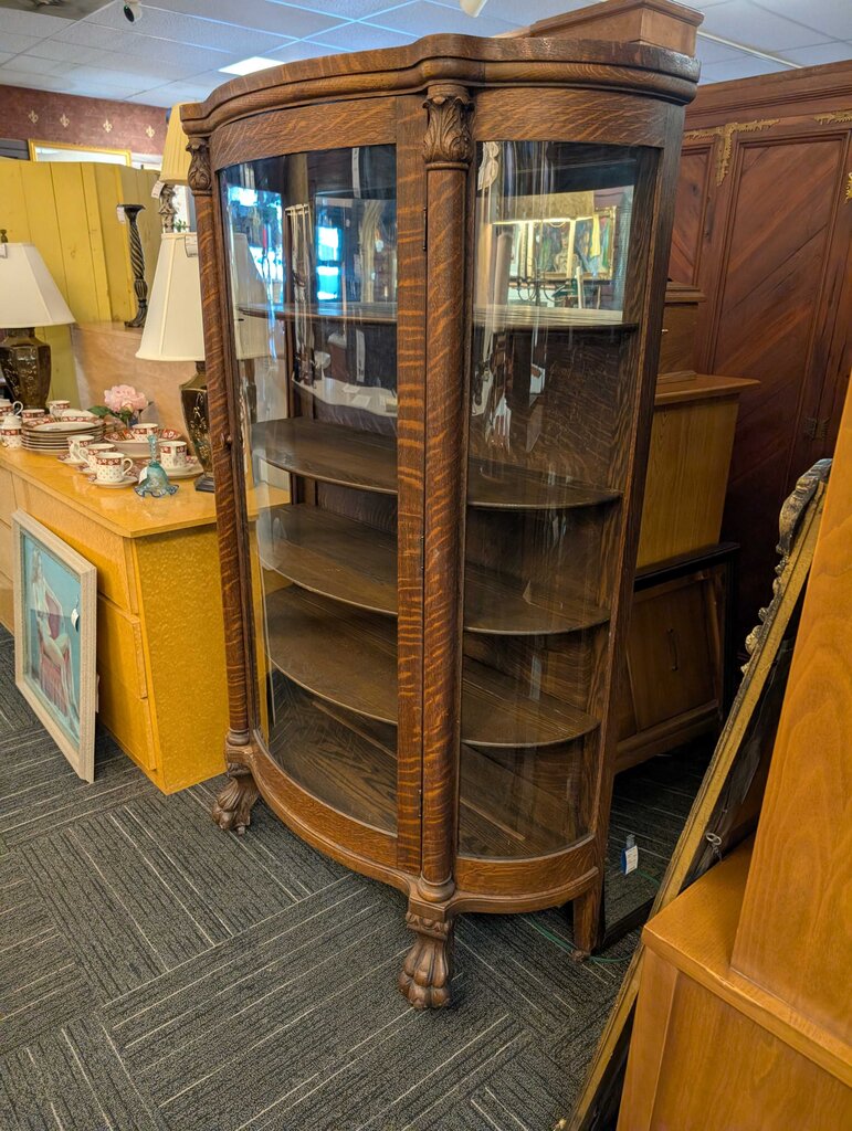 Antique Quarter Sawn Oak Curved Glass Cabinet