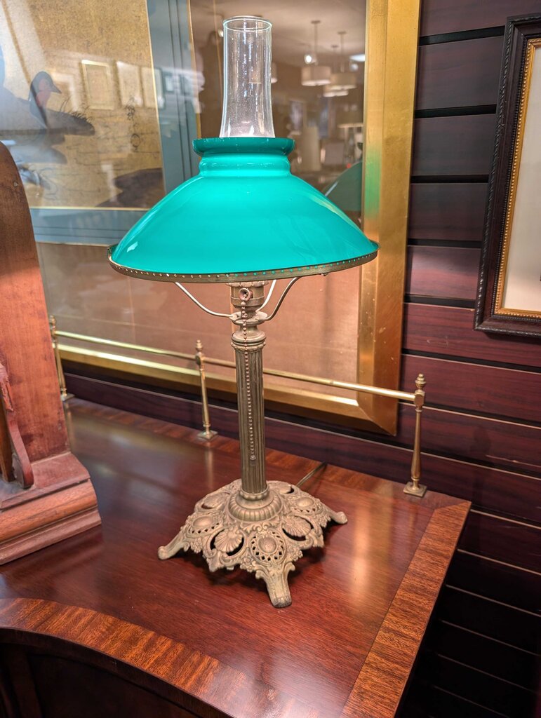 Antique Student Lamp w/ Green Glass Cased Shade