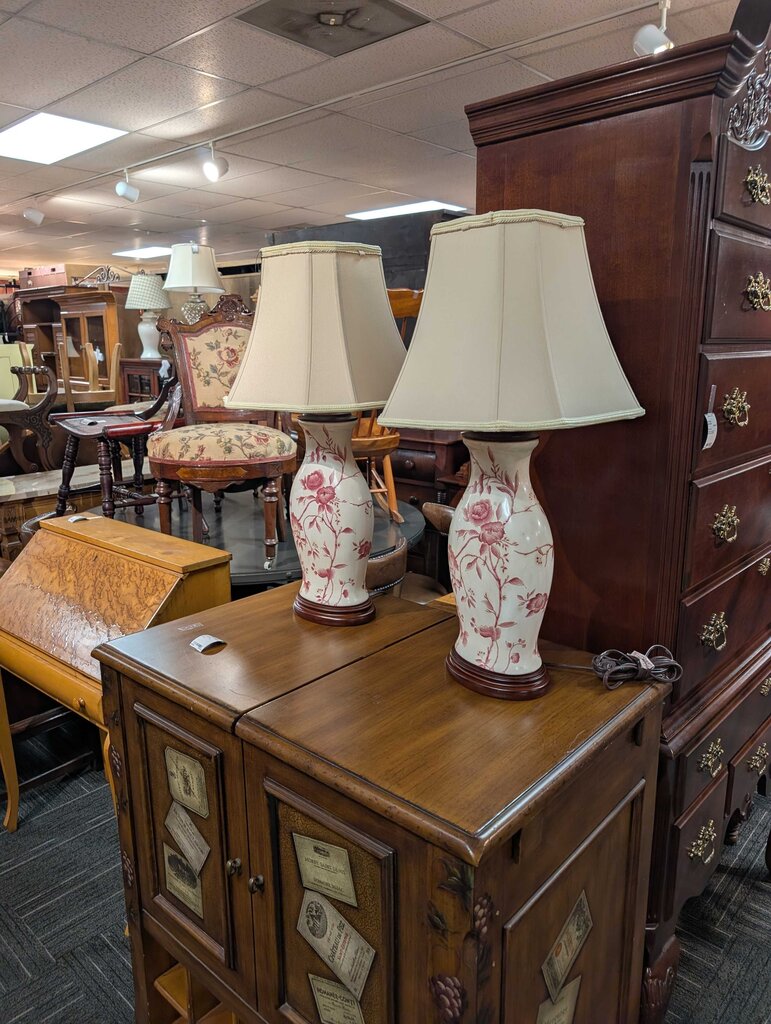 Pair of Hand Painted Vase Form Porcelain Lamps with Rose Motif