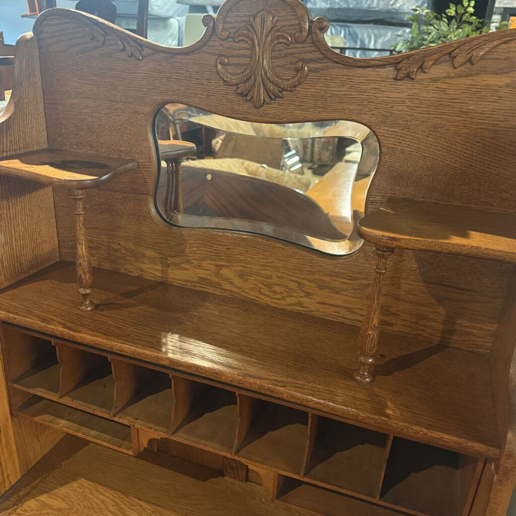 Antique Oak Drop-Front Secretary Desk with Mirrored Hutch and Gallery Shelving