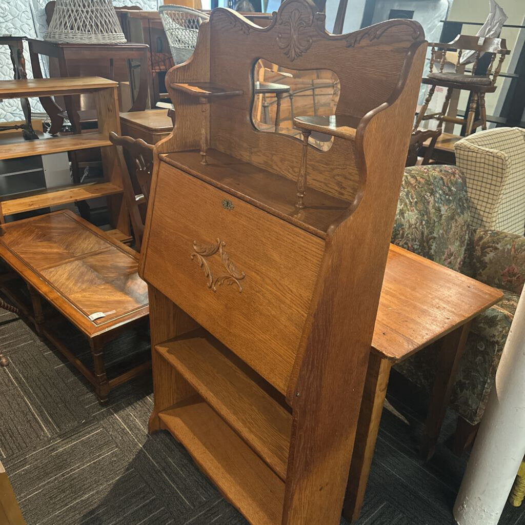 Antique Oak Drop-Front Secretary Desk with Mirrored Hutch and Gallery Shelving