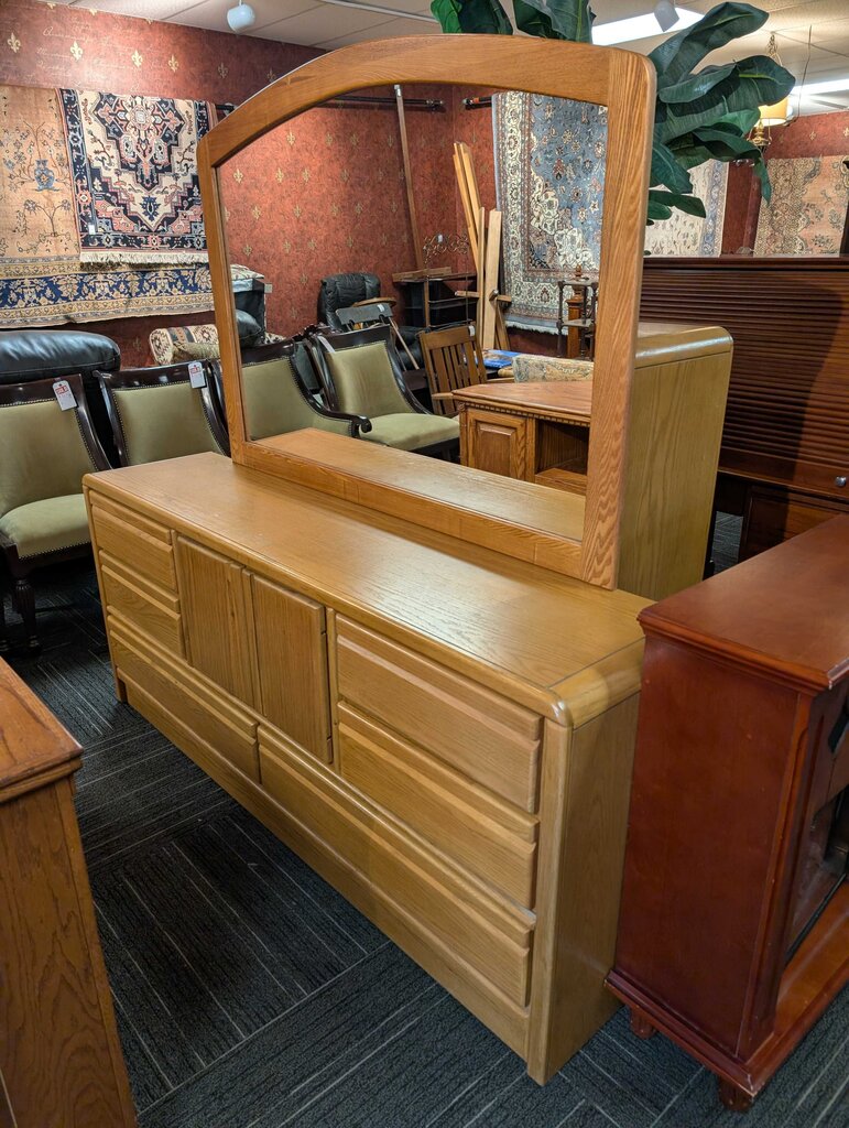 Oak Finish Dresser With Mirror