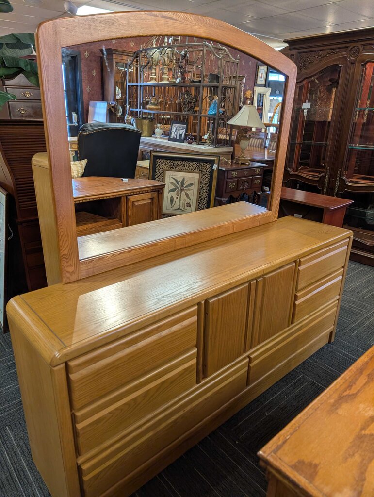 Oak Finish Dresser With Mirror