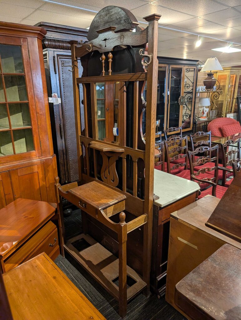 Antique Oak Hall Tree w/ Mirror