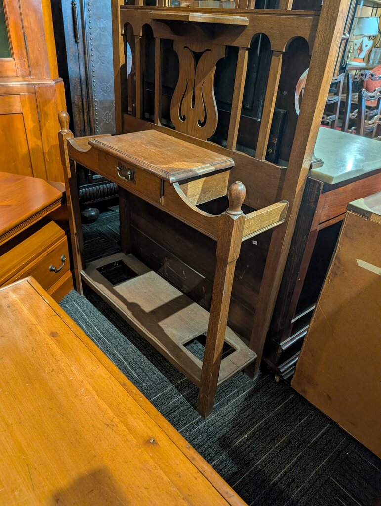 Antique Oak Hall Tree w/ Mirror