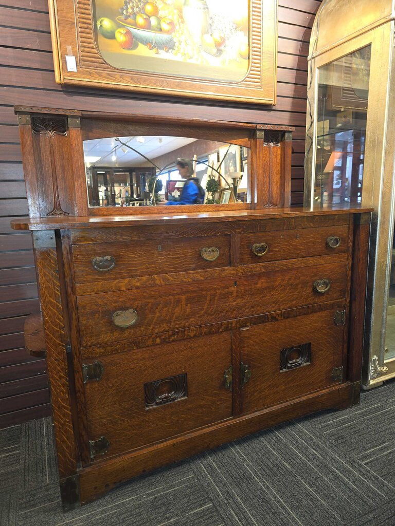 Exceptional Arts & Crafts Quarter Sawn Oak Sideboard w/ Art Nouveau Carved Panels Attributed to Charles Rohlfs