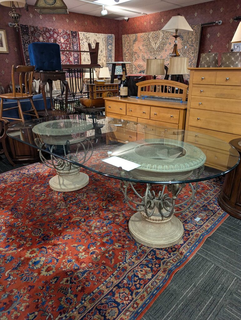 Large Double Pedestal Glass Top Dining Room Table