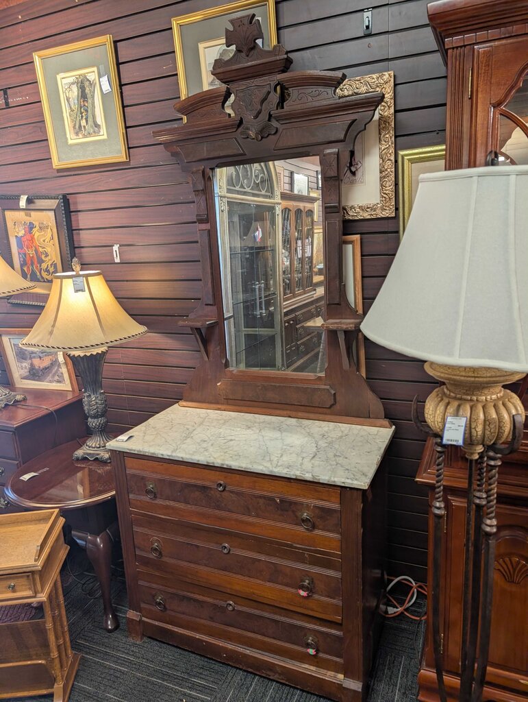 Victorian Walnut Dresser w/ Marble Top & Mirror