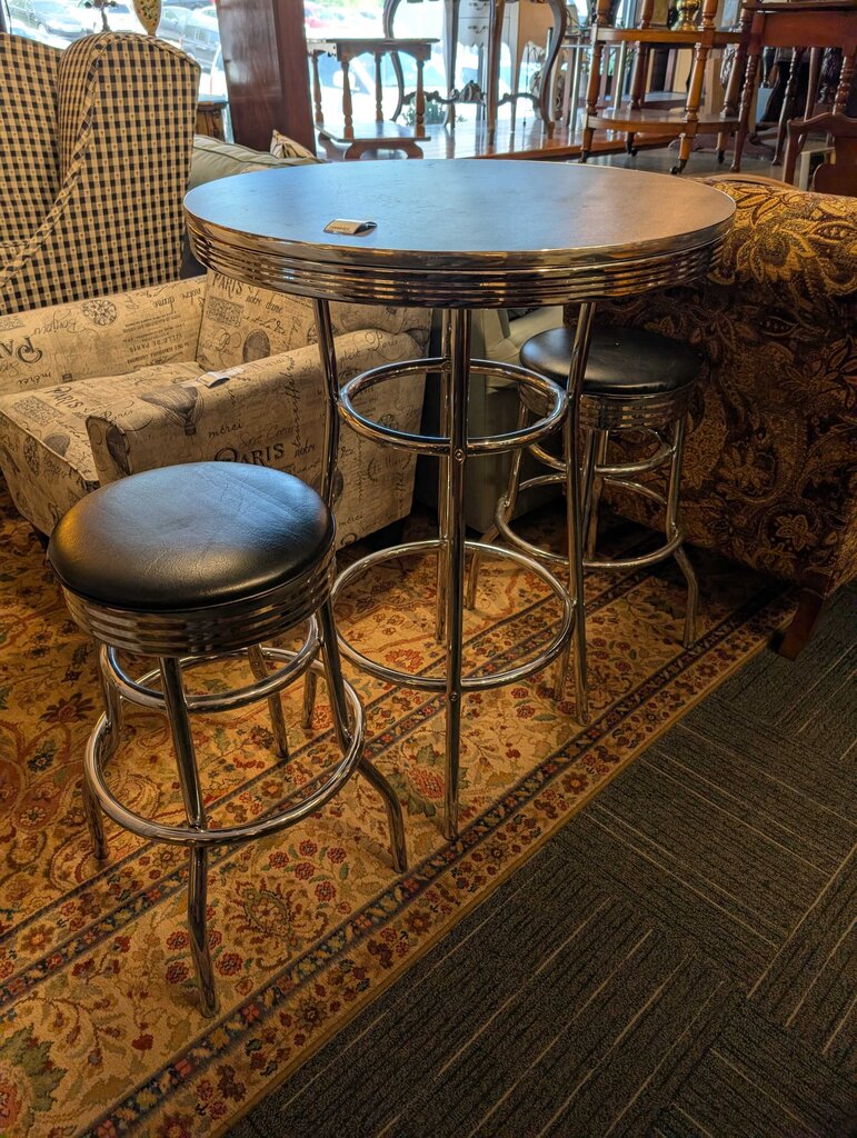Chrome Round Table w/ Two Bar Stools