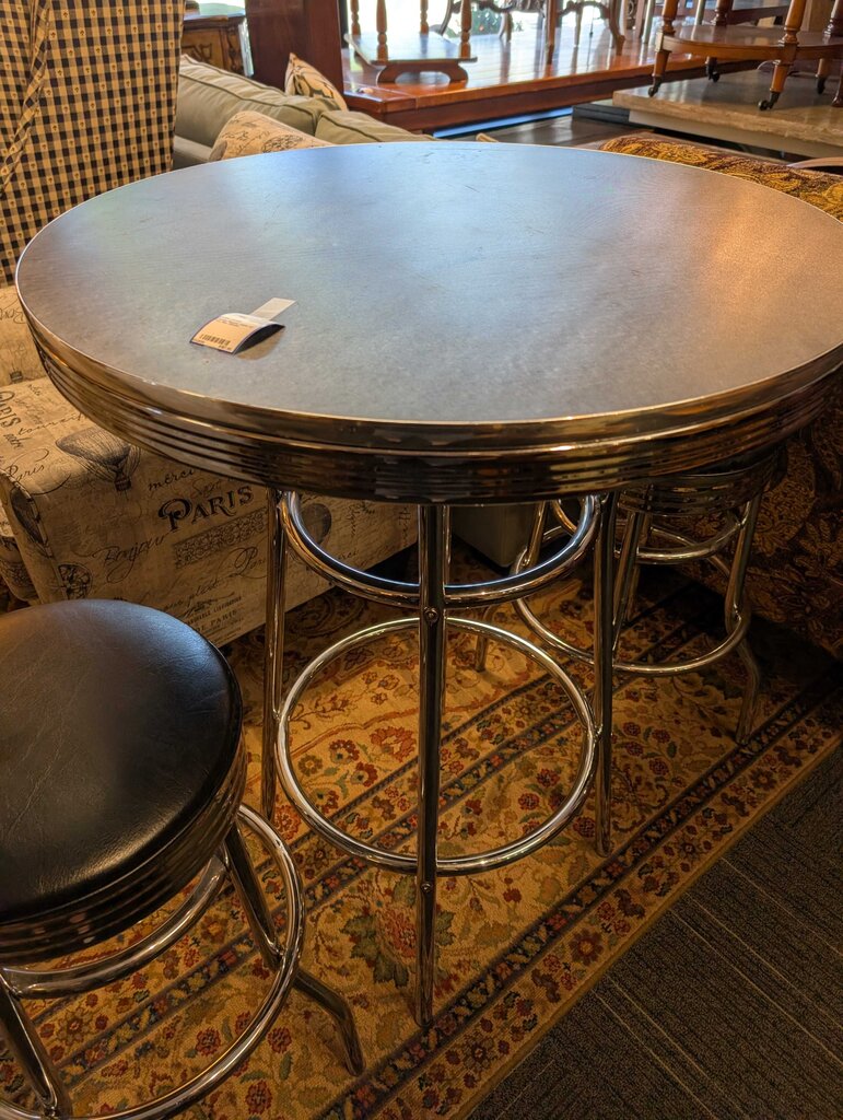 Chrome Round Table w/ Two Bar Stools