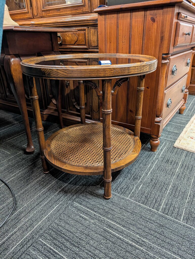 American Modern Round Oak Glass Side Table