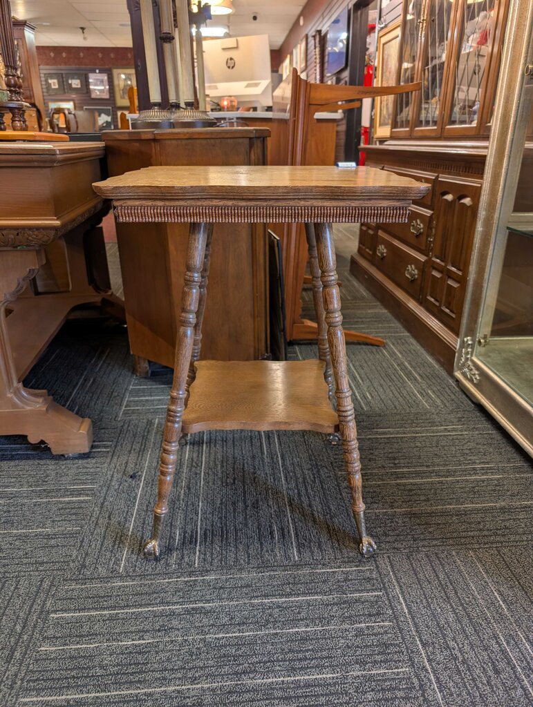 Antique Oak Stand w/ Metal & Glass Claw Feet